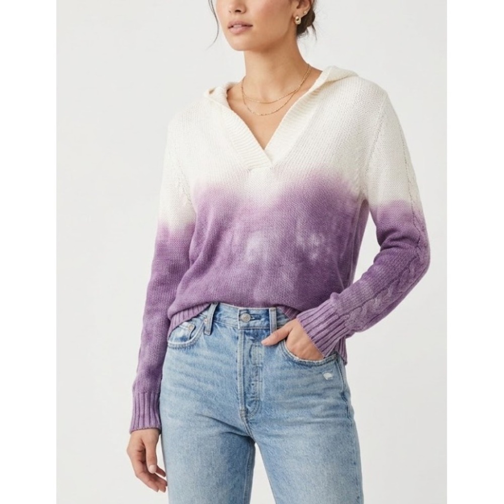 White + Warren Sweater Ombre Dip Dye Knit Purple Cream Size L V-Neck